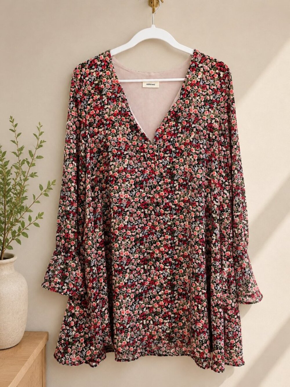 Adrienne Black Pink Floral Babydoll Long Sleeve